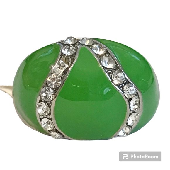 Vintage Green Enamel Cocktail Ring Silver Plated Crystal Rhinestone Size 8 Boho - Picture 1 of 12